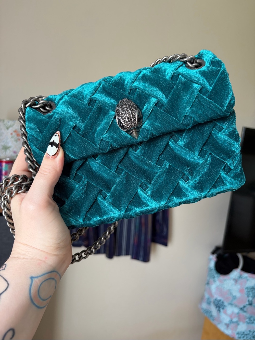 Kurt Geiger Teal Quilted Velvet Chain Bag with Decorative Clasp